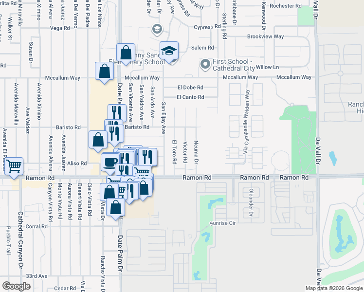 map of restaurants, bars, coffee shops, grocery stores, and more near 31795 Victor Road in Cathedral City