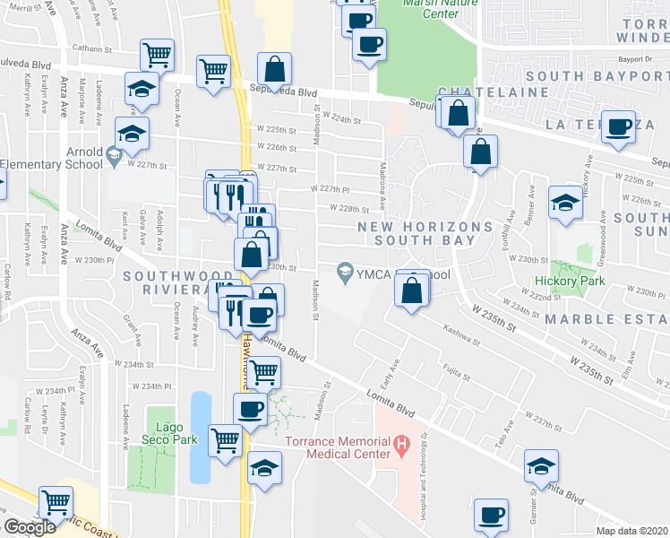 map of restaurants, bars, coffee shops, grocery stores, and more near 3506 West 229th Place in Torrance