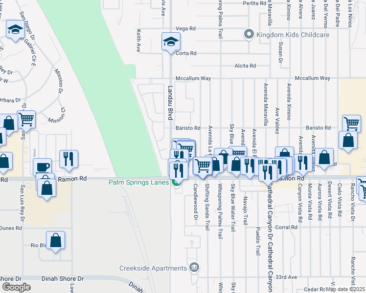 map of restaurants, bars, coffee shops, grocery stores, and more near 31750 Landau Boulevard in Cathedral City