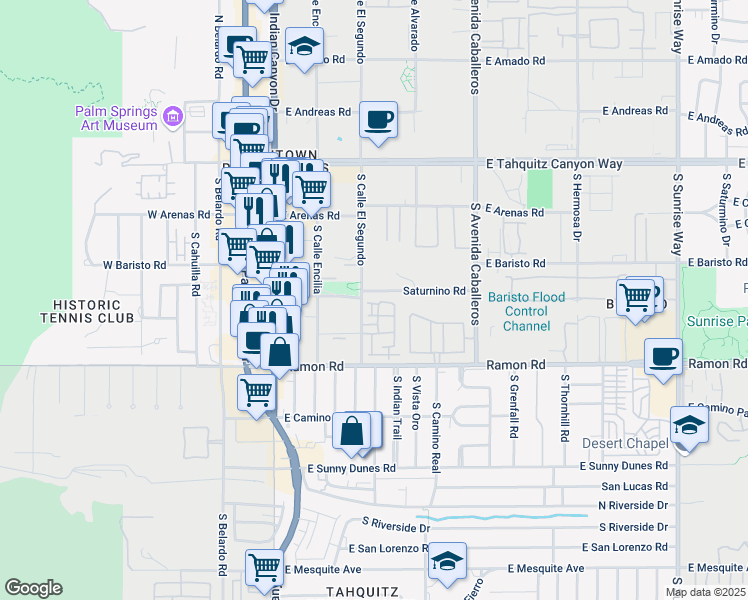 map of restaurants, bars, coffee shops, grocery stores, and more near 437 Copper Canyon Road in Palm Springs