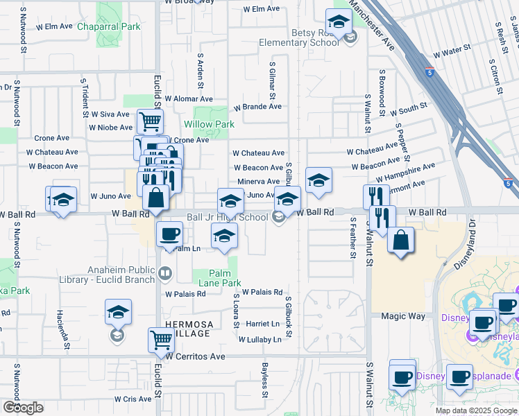 map of restaurants, bars, coffee shops, grocery stores, and more near 1540 West Ball Road in Anaheim