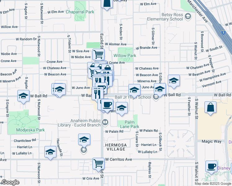 map of restaurants, bars, coffee shops, grocery stores, and more near 1640 West Ball Road in Anaheim