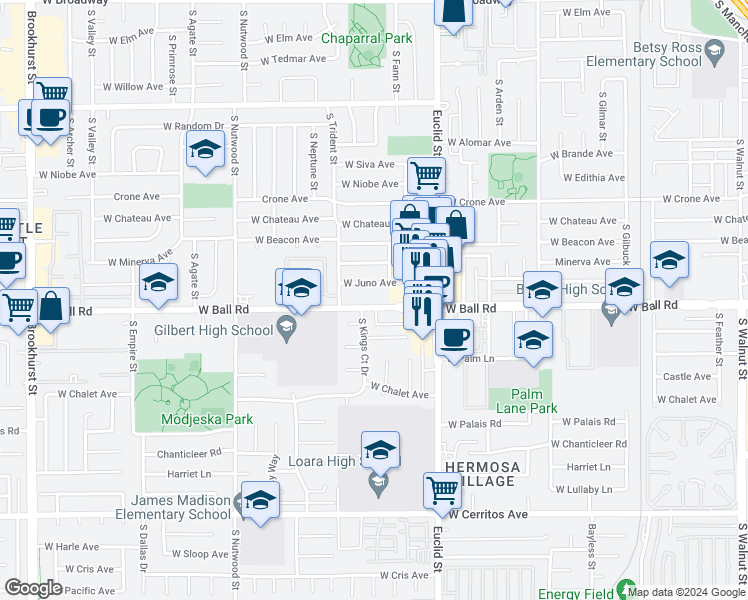 map of restaurants, bars, coffee shops, grocery stores, and more near 1740 West Ball Road in Anaheim