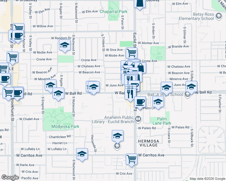 map of restaurants, bars, coffee shops, grocery stores, and more near 1769 Colonial Avenue in Anaheim