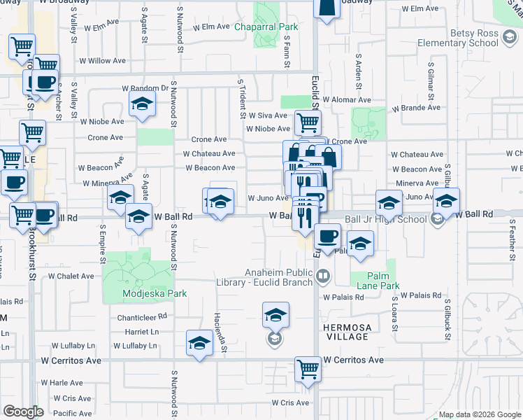 map of restaurants, bars, coffee shops, grocery stores, and more near 1769 Colonial Avenue in Anaheim