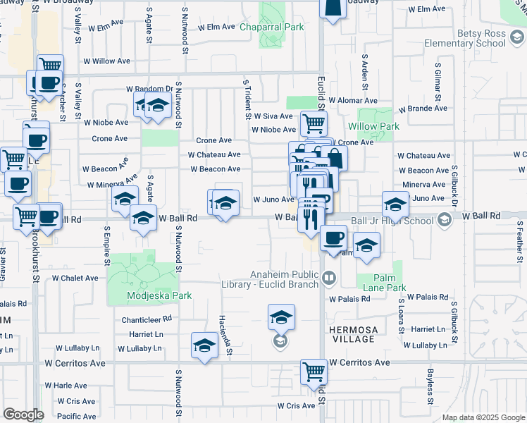 map of restaurants, bars, coffee shops, grocery stores, and more near 1769 Colonial Avenue in Anaheim