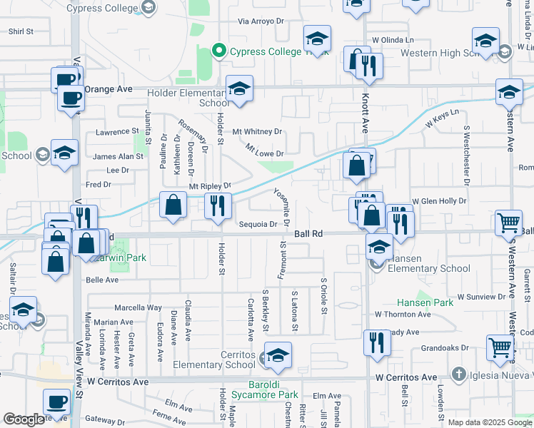 map of restaurants, bars, coffee shops, grocery stores, and more near 6640 Sequoia Drive in Buena Park
