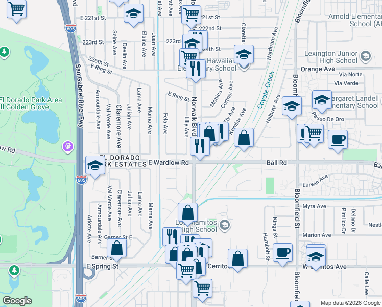 map of restaurants, bars, coffee shops, grocery stores, and more near 8090 East Wardlow Road in Long Beach