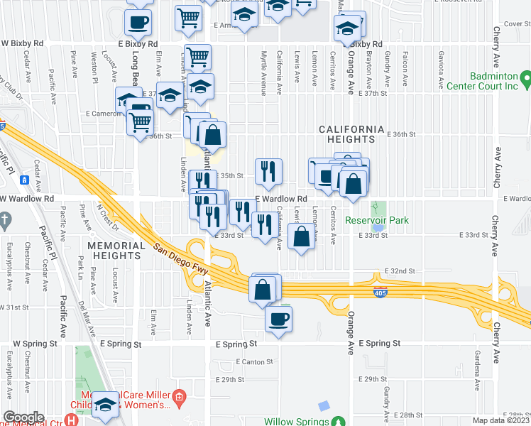 map of restaurants, bars, coffee shops, grocery stores, and more near 3360 Myrtle Avenue in Signal Hill