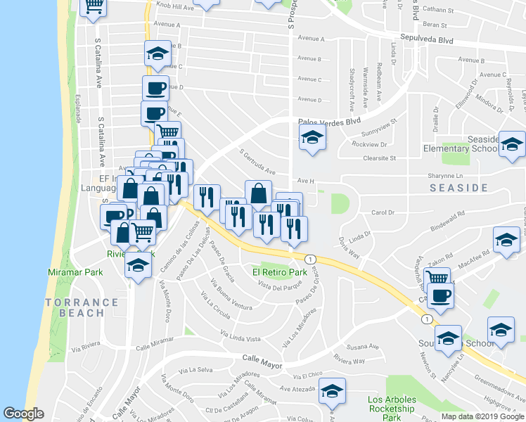 map of restaurants, bars, coffee shops, grocery stores, and more near 512 Avenue G in Redondo Beach
