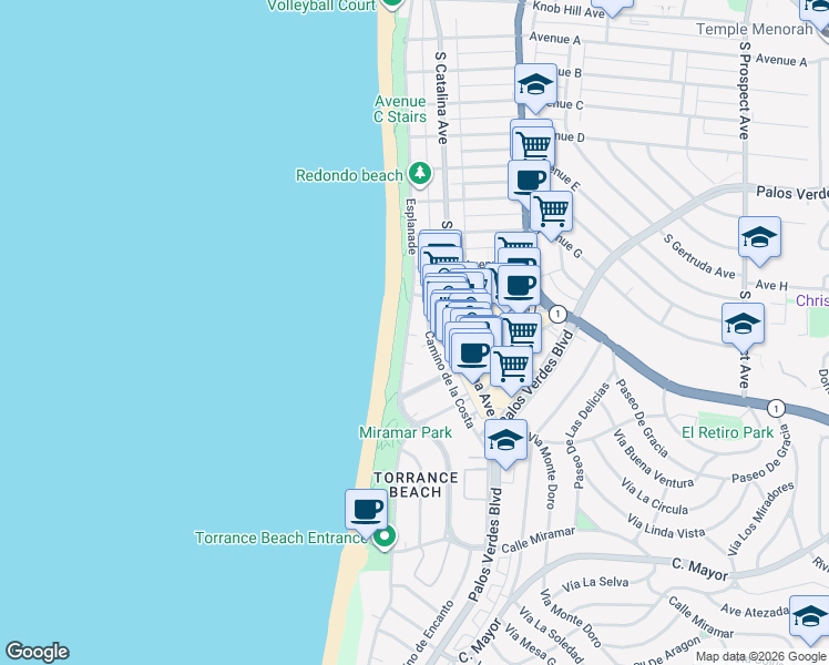 map of restaurants, bars, coffee shops, grocery stores, and more near 1712 Esplanade in Redondo Beach