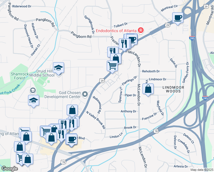 map of restaurants, bars, coffee shops, grocery stores, and more near 2993 Eltham Place in Decatur
