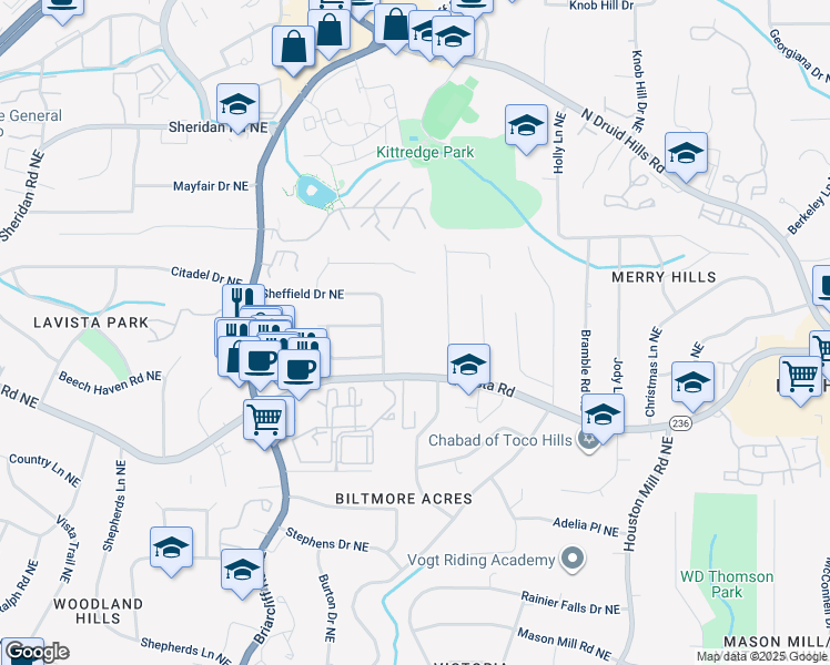 map of restaurants, bars, coffee shops, grocery stores, and more near 1790 Lavista Road Northeast in Atlanta