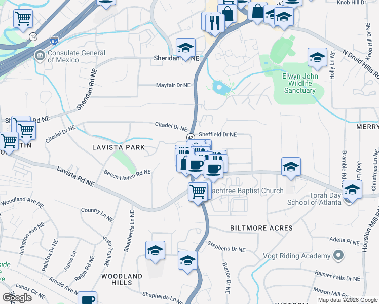 map of restaurants, bars, coffee shops, grocery stores, and more near 2190 Briarcliff Road Northeast in Atlanta