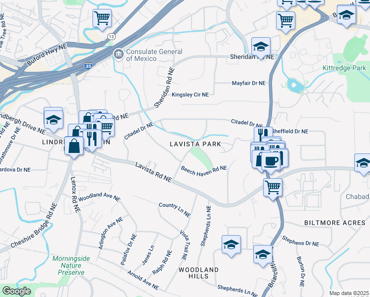 map of restaurants, bars, coffee shops, grocery stores, and more near 1297 Brook Forest Drive Northeast in Atlanta