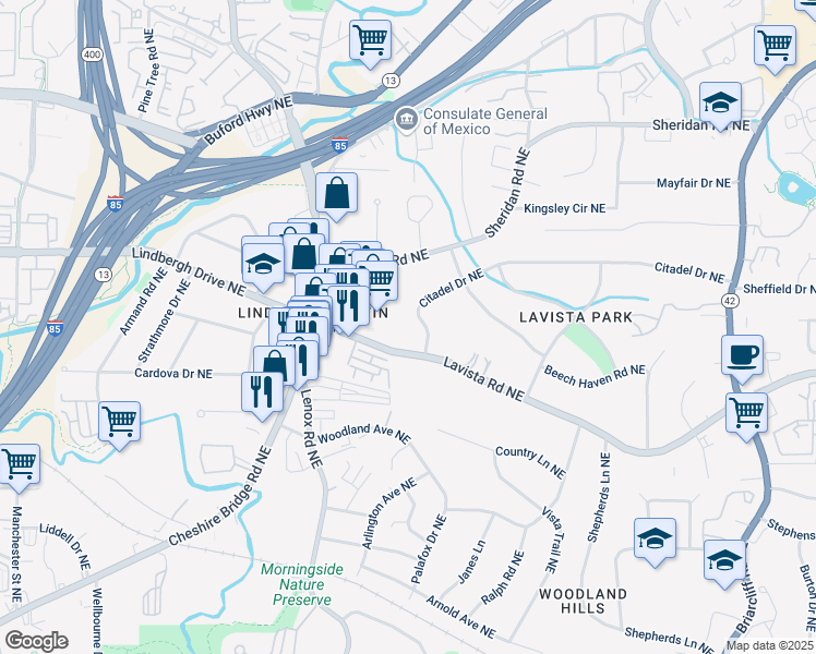map of restaurants, bars, coffee shops, grocery stores, and more near 1002 Citadel Drive Northeast in Atlanta