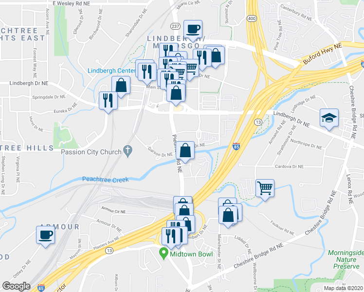 map of restaurants, bars, coffee shops, grocery stores, and more near 2175 Piedmont Road Northeast in Atlanta
