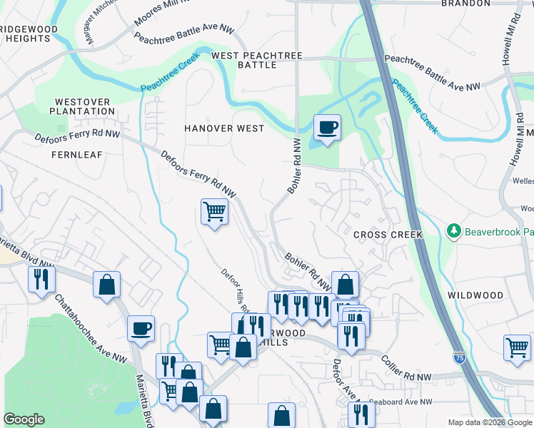 map of restaurants, bars, coffee shops, grocery stores, and more near 2310 Bohler Road Northwest in Atlanta
