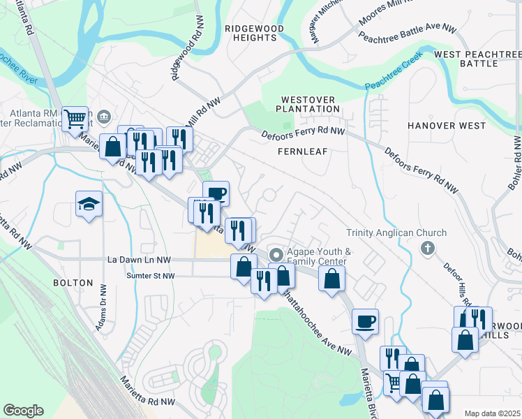 map of restaurants, bars, coffee shops, grocery stores, and more near 1009 Liberty Parkway Northwest in Atlanta