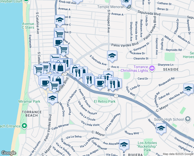 map of restaurants, bars, coffee shops, grocery stores, and more near 511 Avenue G in Redondo Beach