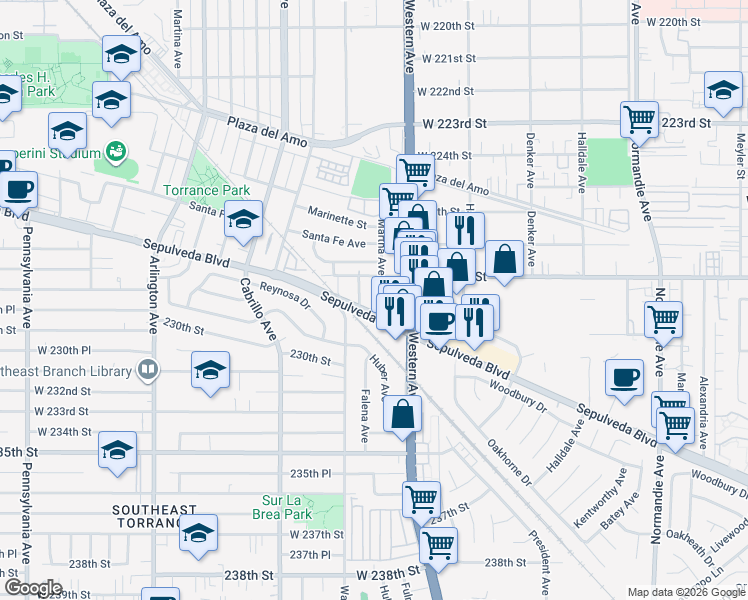 map of restaurants, bars, coffee shops, grocery stores, and more near 2825 Martha Avenue in Torrance