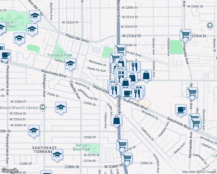 map of restaurants, bars, coffee shops, grocery stores, and more near 2825 Martha Avenue in Torrance