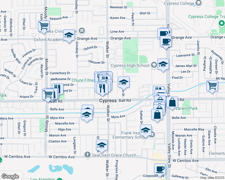 map of restaurants, bars, coffee shops, grocery stores, and more near 9894 Spruce Court in Cypress