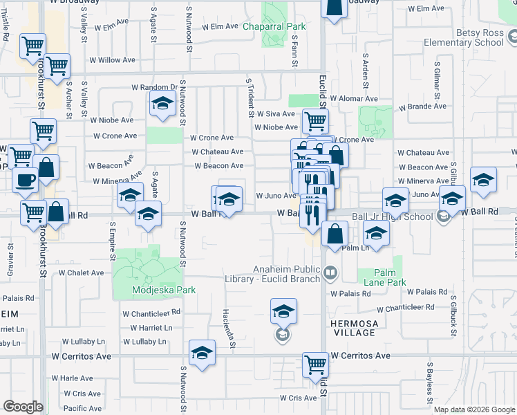 map of restaurants, bars, coffee shops, grocery stores, and more near 1769 Colonial Avenue in Anaheim