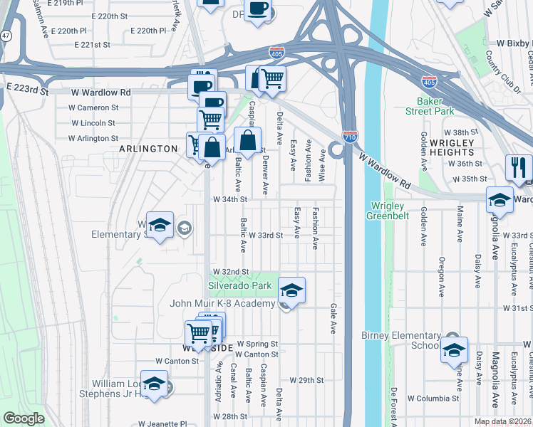 map of restaurants, bars, coffee shops, grocery stores, and more near 3320 Caspian Avenue in Long Beach