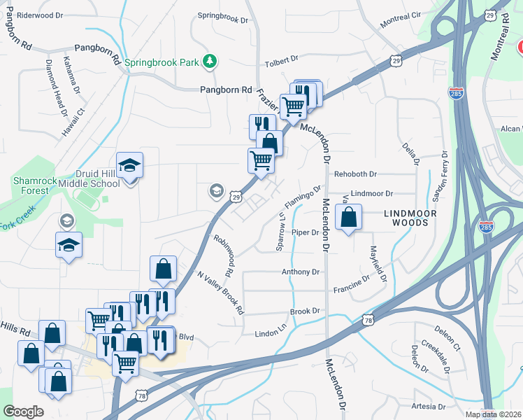 map of restaurants, bars, coffee shops, grocery stores, and more near 3079 Flamingo Drive in Decatur