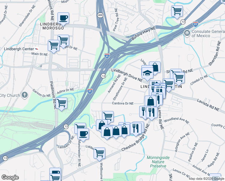 map of restaurants, bars, coffee shops, grocery stores, and more near 2284 Strathmore Drive Northeast in Atlanta