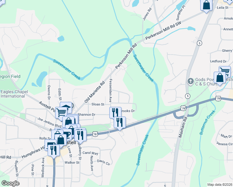 map of restaurants, bars, coffee shops, grocery stores, and more near 2504 Morningside Drive in Austell