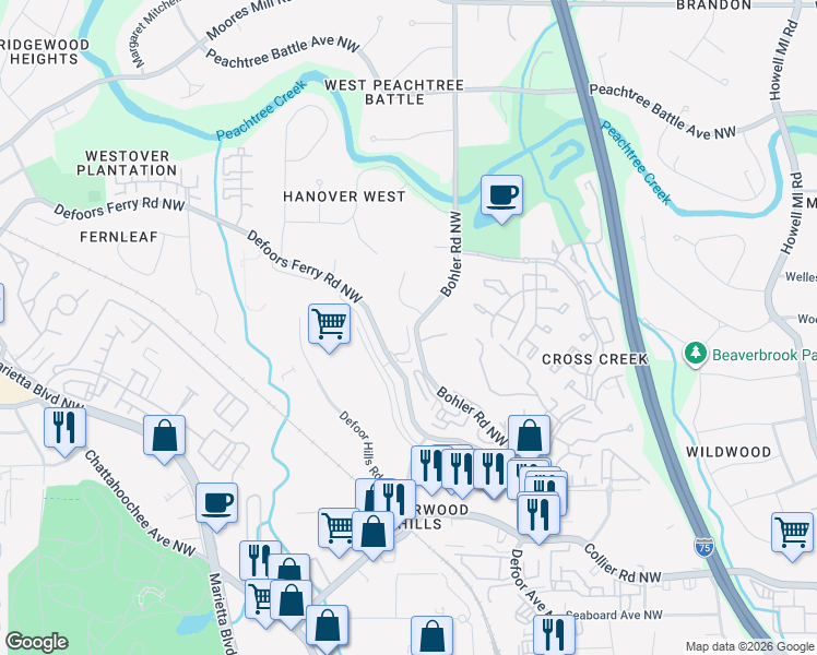 map of restaurants, bars, coffee shops, grocery stores, and more near 2310 Bohler Road Northwest in Atlanta