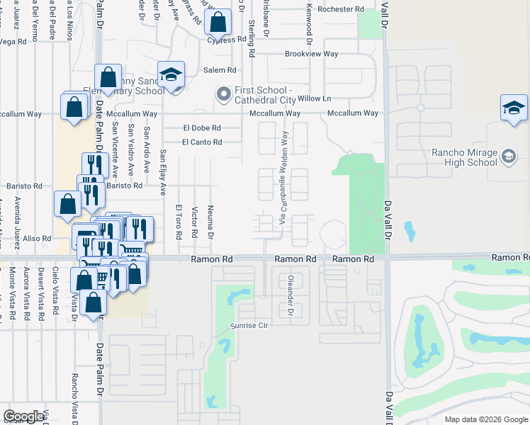 map of restaurants, bars, coffee shops, grocery stores, and more near 520 Via Assisi in Cathedral City