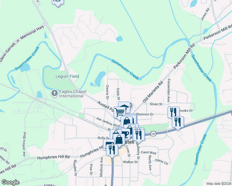 map of restaurants, bars, coffee shops, grocery stores, and more near 5608 Doris Street in Austell