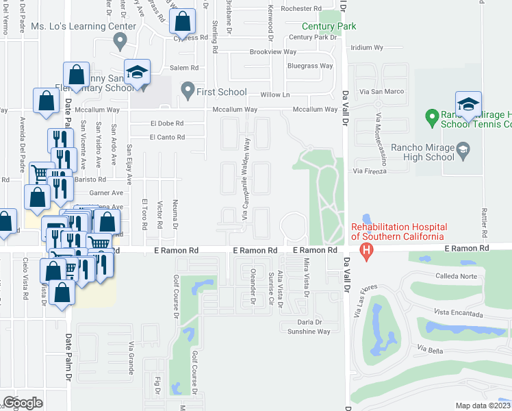 map of restaurants, bars, coffee shops, grocery stores, and more near 642 Via Firenze in Cathedral City