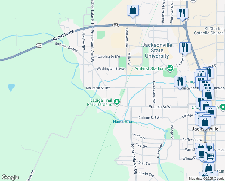 map of restaurants, bars, coffee shops, grocery stores, and more near 413 Elm Avenue Northwest in Jacksonville