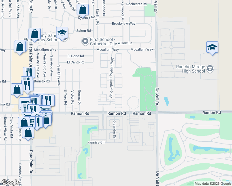 map of restaurants, bars, coffee shops, grocery stores, and more near 642 Via Firenze in Cathedral City