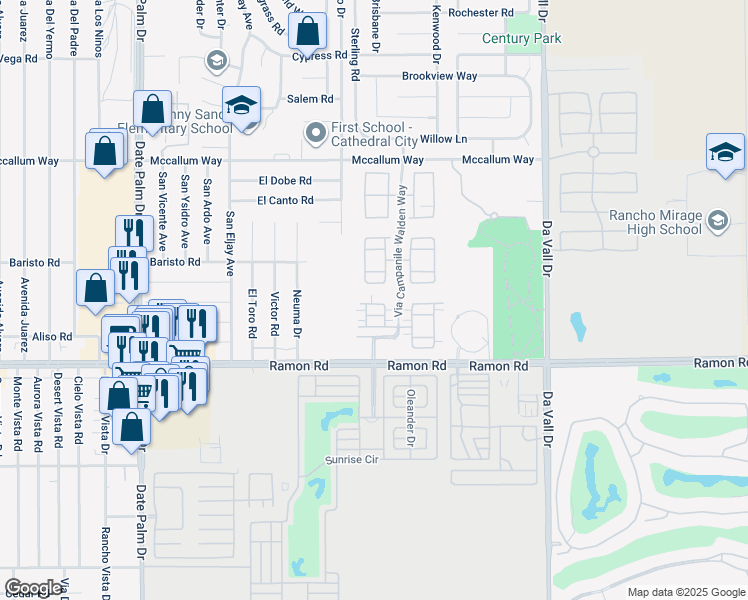 map of restaurants, bars, coffee shops, grocery stores, and more near 511 Via Assisi in Cathedral City