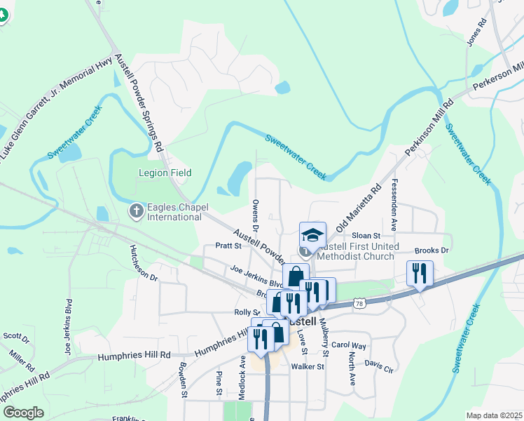 map of restaurants, bars, coffee shops, grocery stores, and more near 5603 Owens Drive in Austell