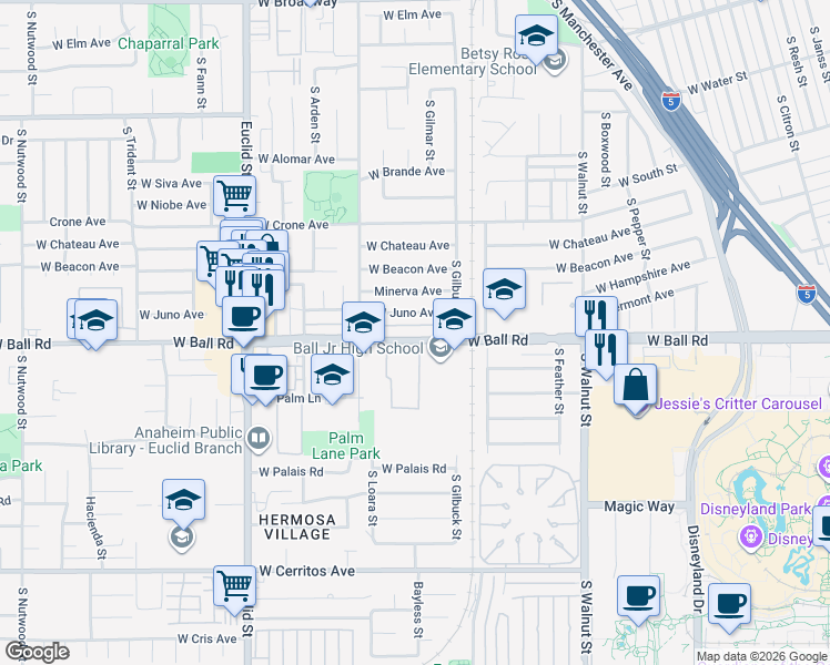 map of restaurants, bars, coffee shops, grocery stores, and more near 1551 West Ball Road in Anaheim