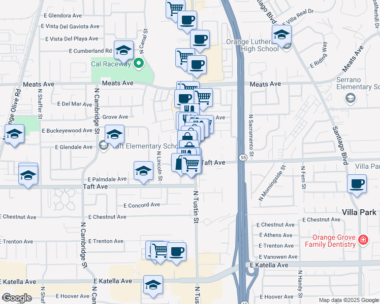 map of restaurants, bars, coffee shops, grocery stores, and more near 1838 North Tustin Street in Orange