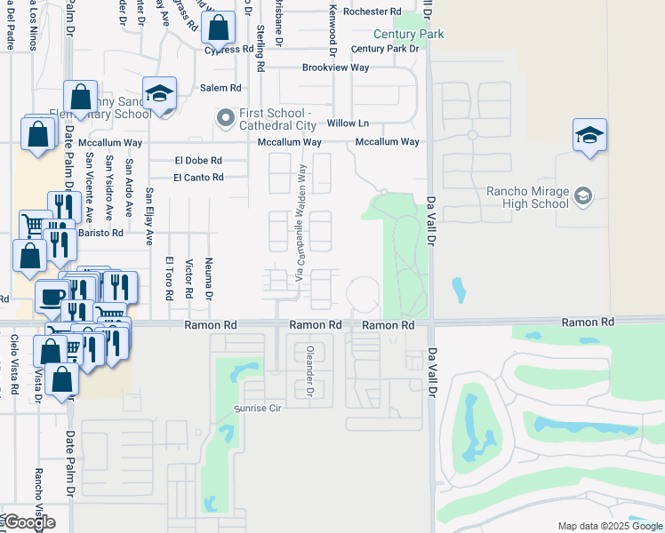 map of restaurants, bars, coffee shops, grocery stores, and more near Via Firenze in Cathedral City