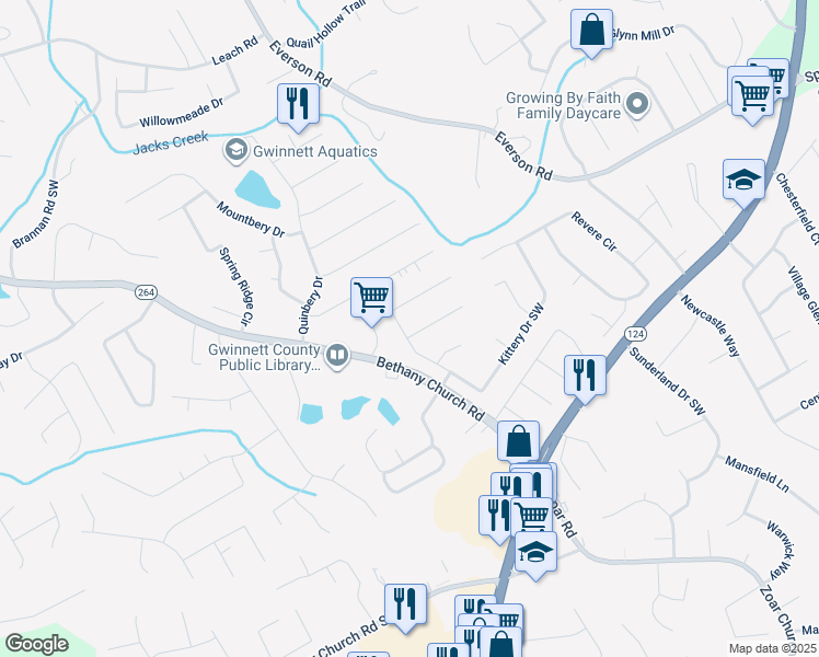 map of restaurants, bars, coffee shops, grocery stores, and more near 3801 Fryeburg PI Southwest in Snellville