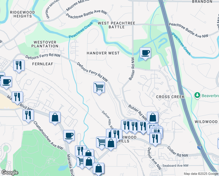 map of restaurants, bars, coffee shops, grocery stores, and more near in Atlanta
