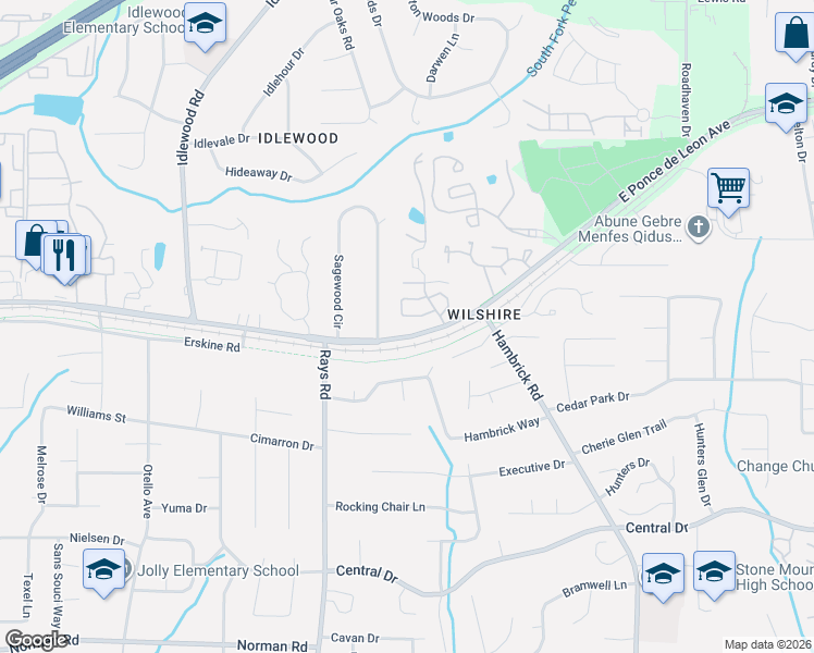 map of restaurants, bars, coffee shops, grocery stores, and more near 4234 Parkview Court in Stone Mountain