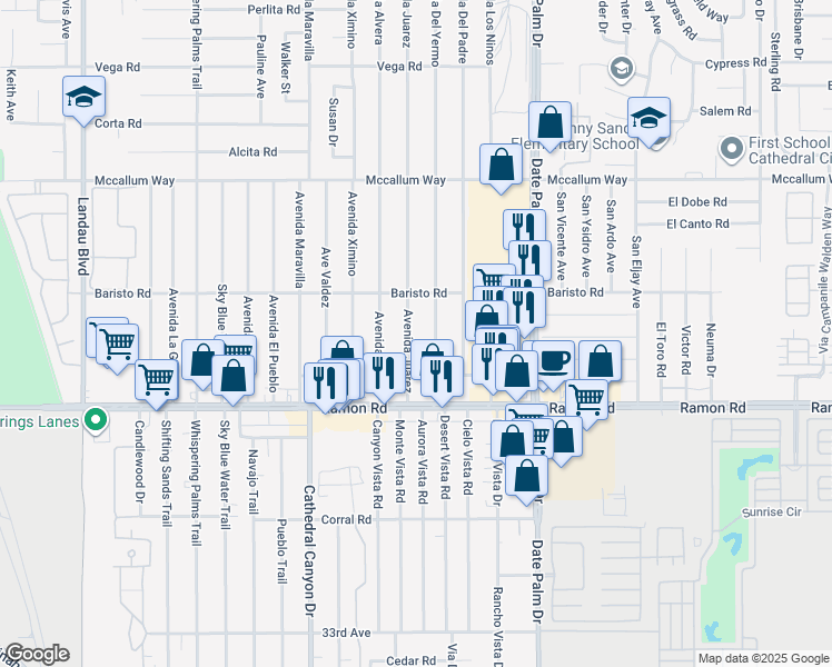 map of restaurants, bars, coffee shops, grocery stores, and more near 31710 Avenida Juarez in Cathedral City