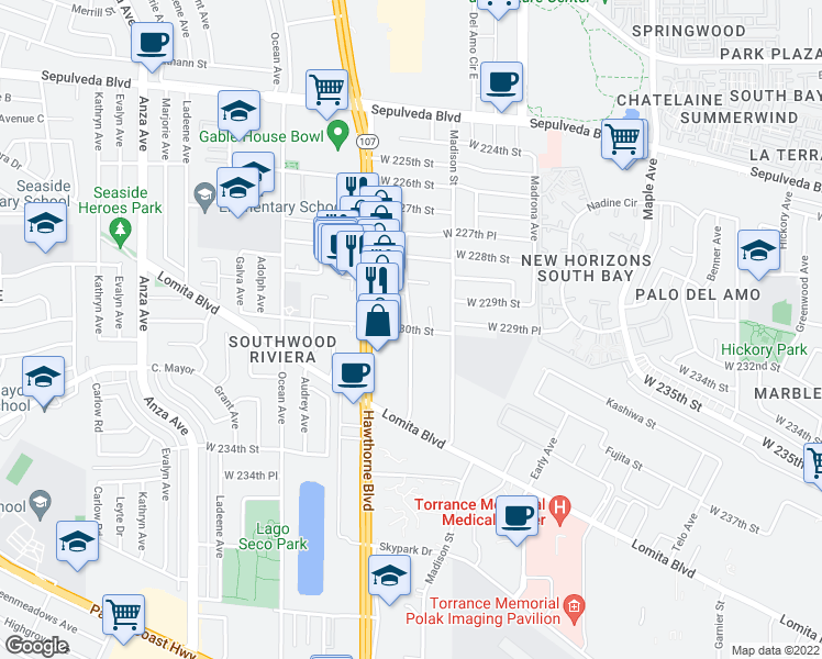 map of restaurants, bars, coffee shops, grocery stores, and more near Samuel Street in Torrance
