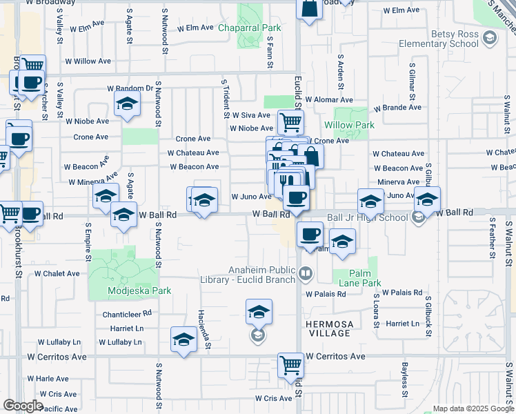 map of restaurants, bars, coffee shops, grocery stores, and more near 1757 West Ball Road in Anaheim