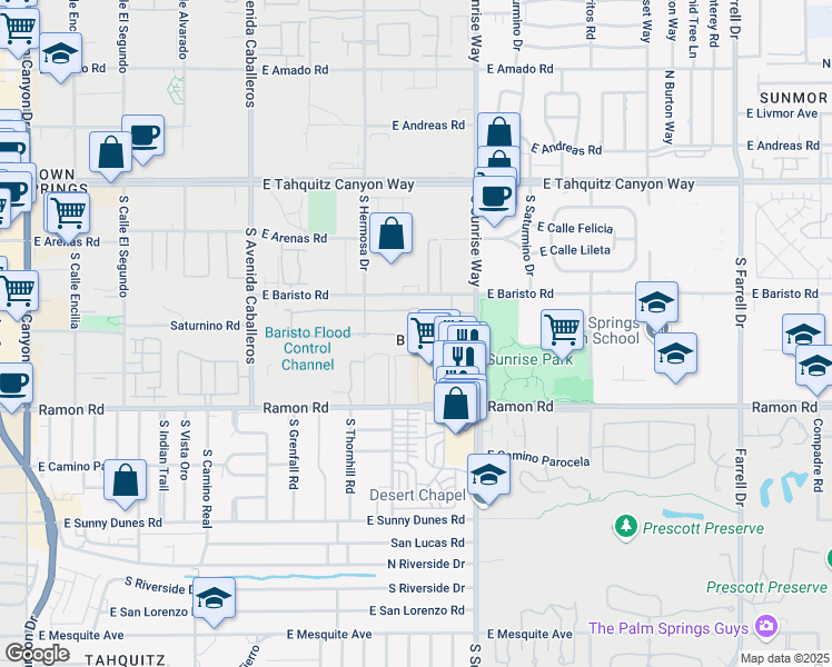 map of restaurants, bars, coffee shops, grocery stores, and more near 336 Tiffany Circle East in Palm Springs